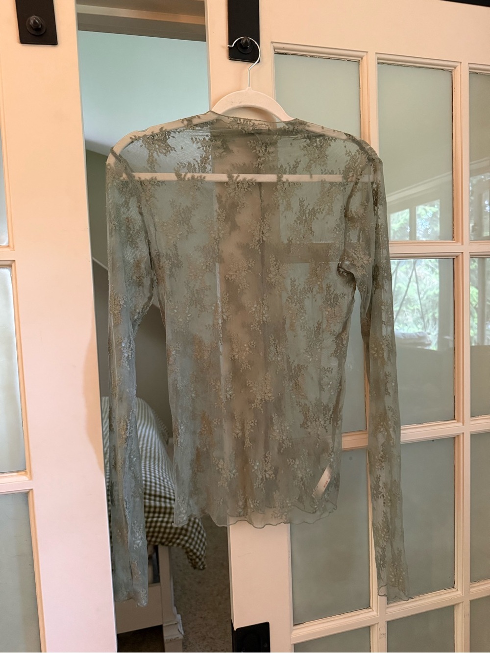 Free People Green Lace Lady Lux layering top Sheer Lace Long Sleeve Top in Sage